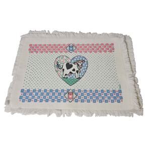 Vintage 80s B&D Country Cow Heart Fringed 4 Placemats Cottage Core